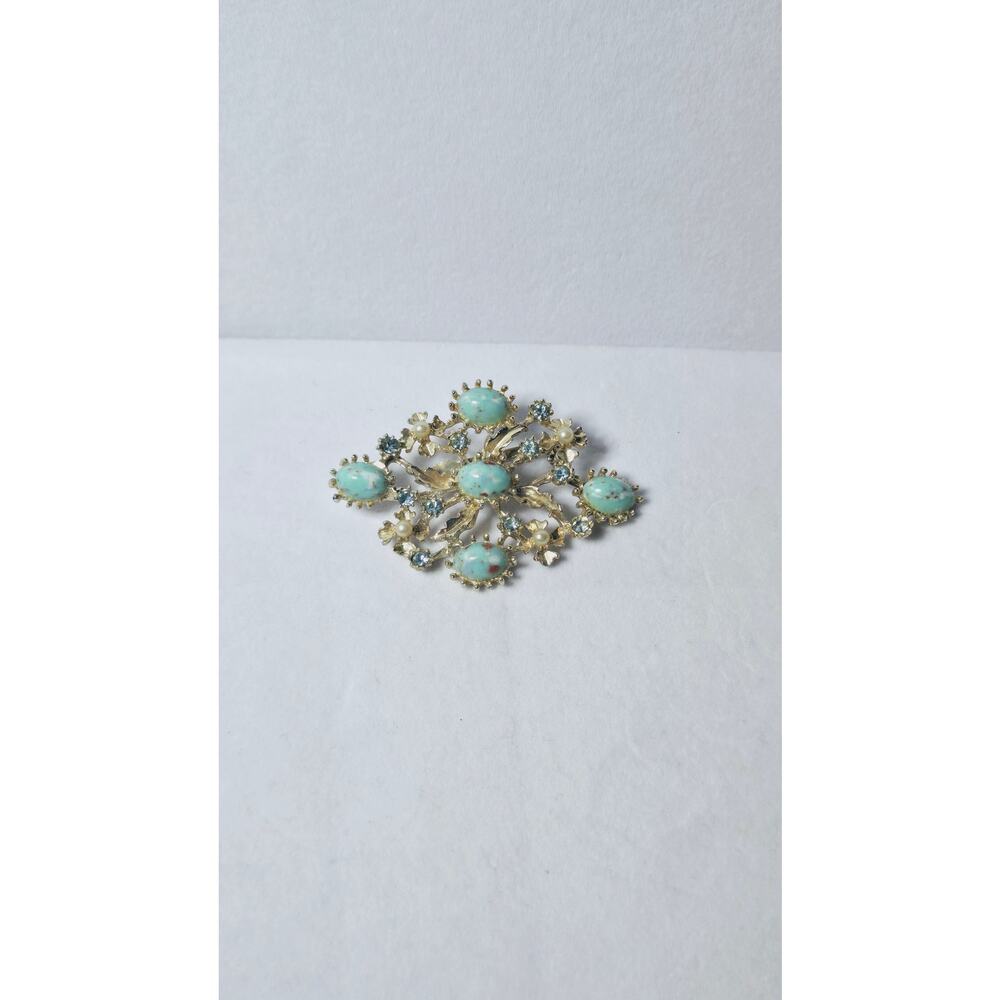 Turquoise Cabochon Floral Cluster Gold Brooch Blue Rhinestone Classic Elegance - Picture 5 of 6